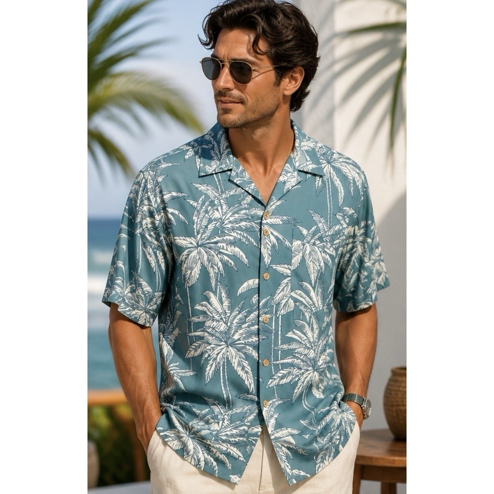 NEW! Jamaica Jaxx Tropical 100% Silk Button Front Camp Shirt Green SZ L